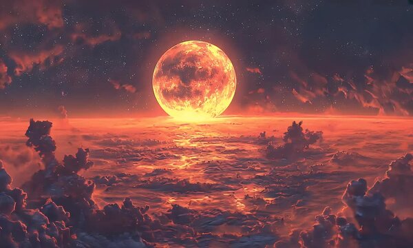 Fiery sunset, massive red moon above cloudscape, celestial event, fantasy art