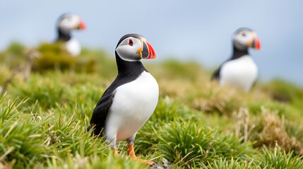 Naklejka premium Atlantic puffin at their breeding place Latrabjarg