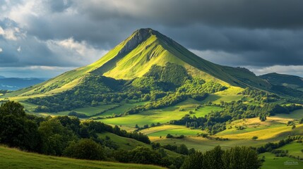 Naklejka premium The peak of the Auvergne volcano, covered in dense greenery, against a dramatic cloudy sky.