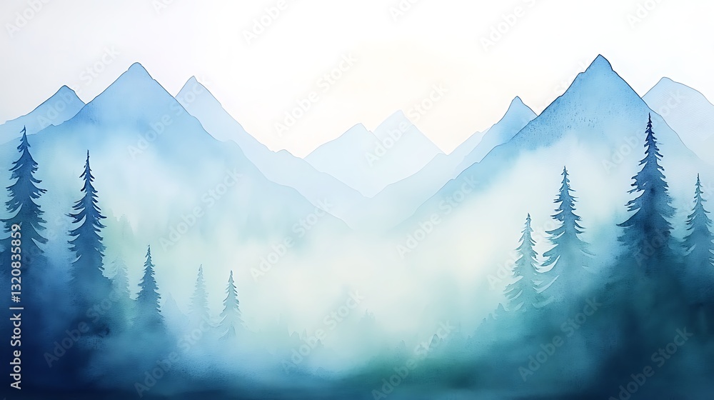 Aufkleber serene blue mountains shrouded in mist with evergreen trees in the foreground.