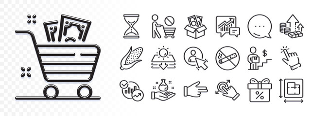 Time hourglass, Corn and Accounting line icons for web app. Glare of light effect. Message icon. Pack of Inflation, Discount offer, Click hand pictogram icons. Vector