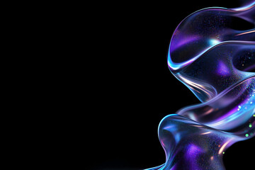 Abstract iridescent wave with blue and purple holographic reflections on black background. High-quality 4k hd thumbnail. Generative AI