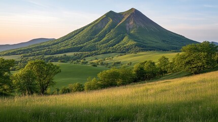 Fototapeta premium The pure natural beauty of the Auvergne volcano, with fresh green grass and tall trees.