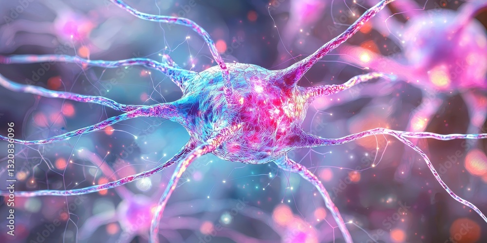 Poster a vibrant illustration of neurons showcasing their intricate structure and connections, representing