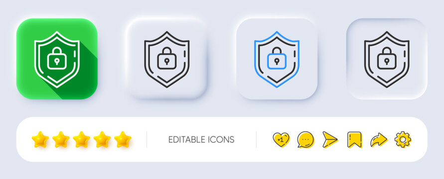 Shield line icon. Neumorphic, Flat shadow, 3d buttons. Internet protection sign. Password secure symbol. Line shield icon. Social media icons. Vector