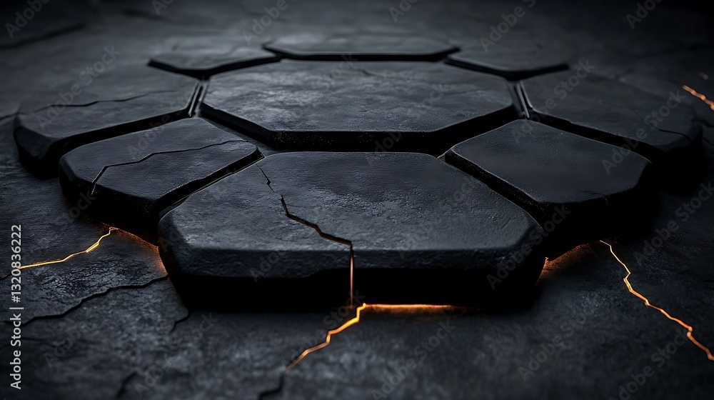 Poster dark hexagonal platform with glowing cracks, abstract design surface