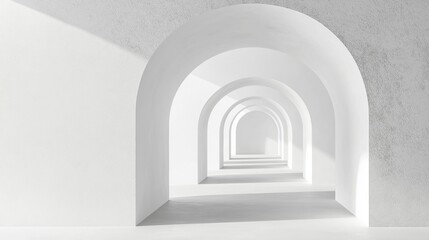 Fototapeta premium Long, narrow corridor with a white archway in the center. the archway is made of concrete and has a smooth, polished surface.