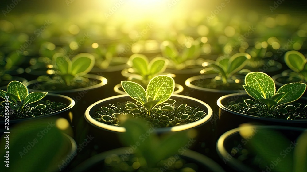 Poster aerial landscape abstract background idea. close-up view of lush green seedlings growing in pots und