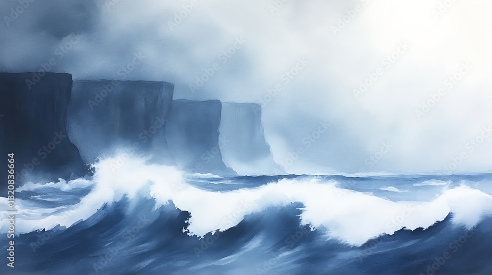 Poster moody seascape with crashing waves and dark cliffs under a cloudy sky.