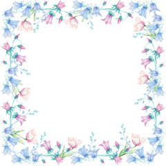 Bellflower flower. Square frame watercolor. Pink, blue