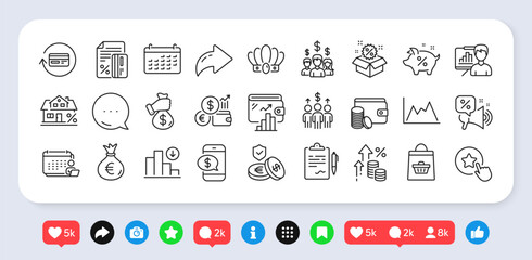 Loan percent, Wallet and Accounting line icons pack. Social media: share, comment, like icons. Clipboard, Decreasing graph, Loyalty star web icon. Vector