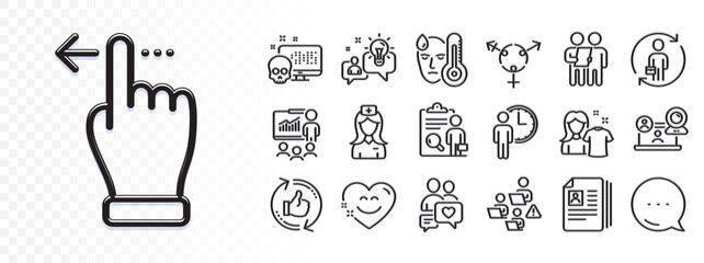 Dating chat, Survey and Idea line icons for web app. Glare of light effect. Message icon. Pack of Touchscreen gesture, Presentation, Hospital nurse pictogram icons. Vector
