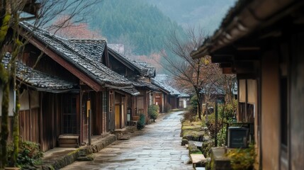 Stone pathway of old wooden buildings in rural village scene