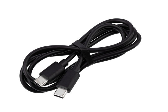 Type C extension cable in black plastic insulation, isolated on a white background