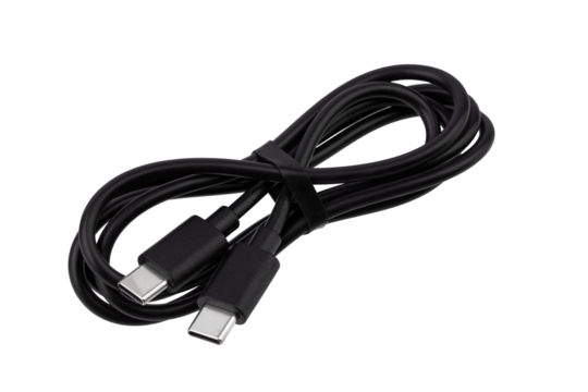 Type C extension cable in black plastic insulation, isolated on a white background