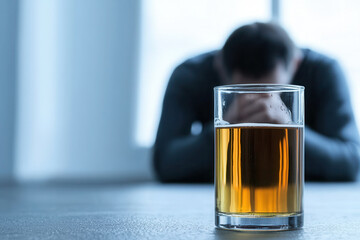 somber depiction of alcohol addiction, featuring glass of amber liquid in focus, while distressed individual is blurred in background, conveying deep emotional struggle