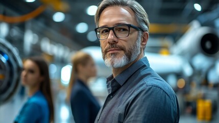 Middle-aged operations manager outlines manufacturing processes to visitors at a modern aerospace facility, with aircraft components visible in the background