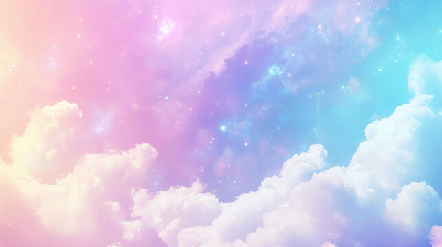 Fototapeta Holographic fantasy rainbow background with clouds and stars. Pastel color sky. Magical landscape, abstract fabulous pattern. Cute candy wallpaper