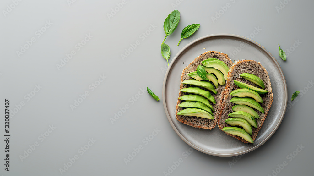 Poster two slices of artisanal bread topped with fresh avocado slices on minimalistic plate, garnished with