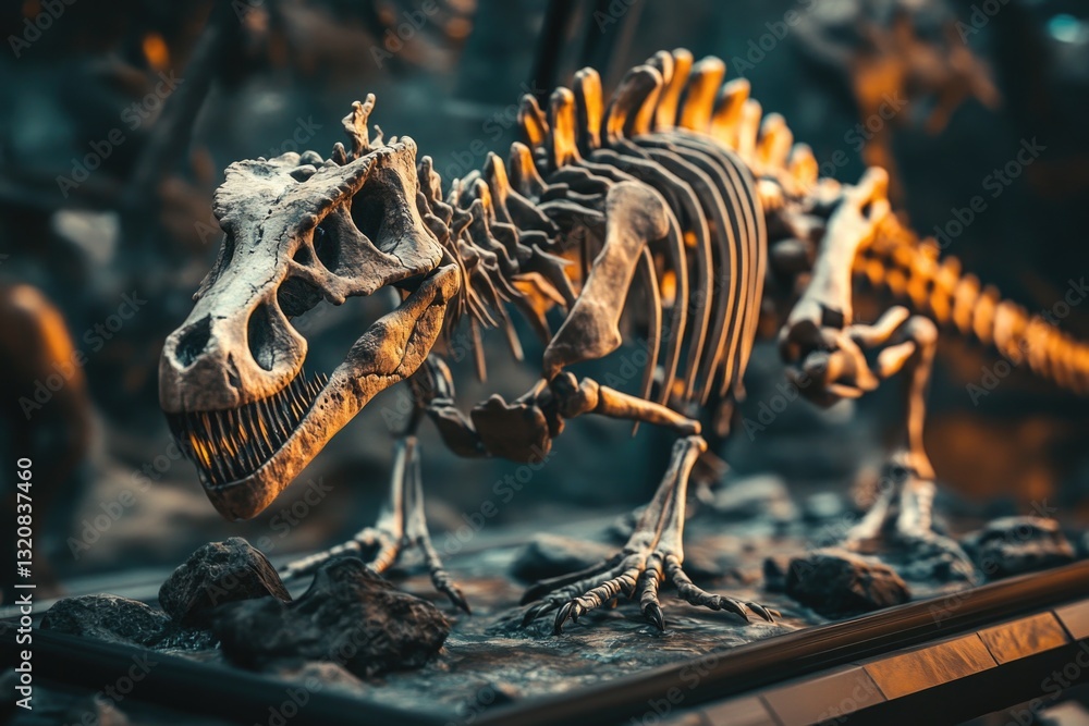 Poster A close-up view of a dinosaur skeleton with visible bones and texture