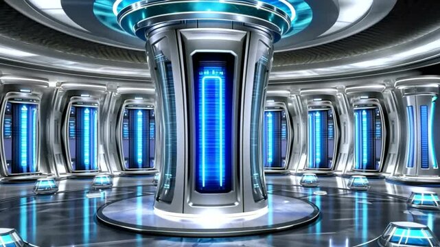 Futuristic sci-fi laboratory with glowing blue lights and sleek metallic design