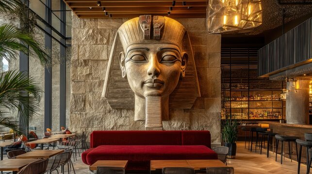 Hotel lobby lounge, pharaoh bust, modern decor, city view, interior design