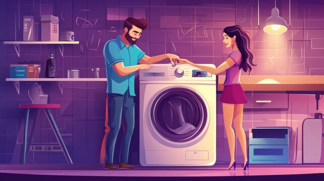 Couple learning to use washing machine