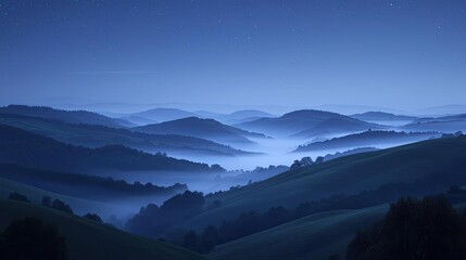 Obraz premium Dramatic nighttime abstract background concept. Serene night landscape with misty hills and a starry sky creating a tranquil atmosphere.