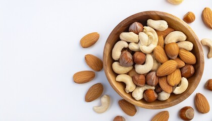 아몬드, 헤이즐넛, 캐슈넛등의 견과류가 작은 나무 그릇에 담긴 PPT 배경화면