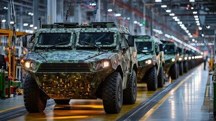 Factory assembly line with armored defense vehicles lined up, showcasing robust production and military-grade engineering, metallic surfaces shining under bright lights