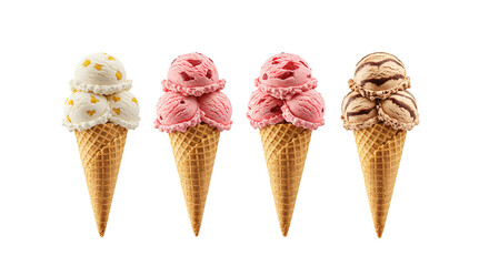 Different sorts of ice cream scoop on waffle cone isolated on white background.