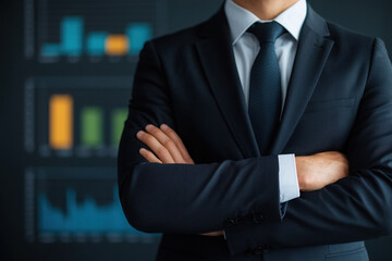 Confident business leader in suit with arms crossed, presenting strategic vision in front of data charts. atmosphere conveys professionalism and determination