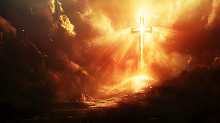 A symbolic and triumphant scene of the resurrection of Jesus, with light pouring from an empty tomb, a radiant cross standing tall, and beams of hope shining down from heaven, representing the eternal