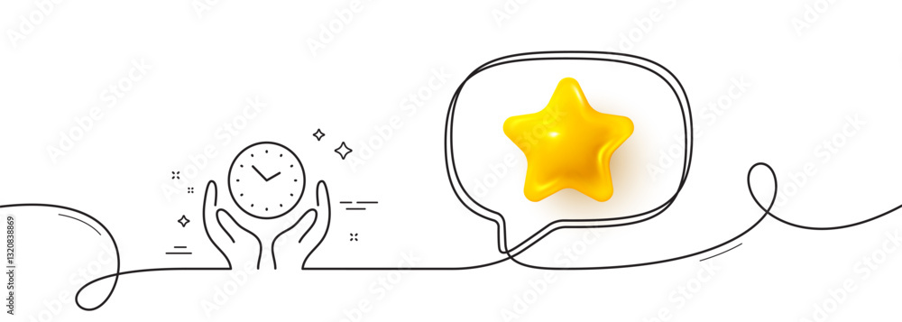 Poster safe time line icon. continuous line with 3d star. clock sign. hold watch symbol. 3d star in speech 