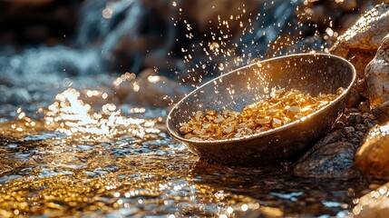 Gold nugget in a rocky riverbed, placer mining with a pan and water splashing, sunlight reflecting off gold flakes, peaceful outdoor scene