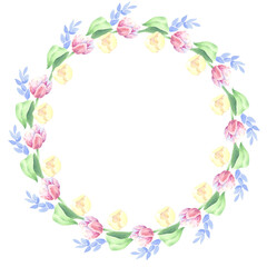 Tulip pink. Floral arrangement. Frame.Wreath. Watercolor