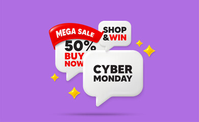 Cyber monday speech bubbles. Mega sale flag ribbon. Cyber Monday Sale tag. Special offer price sign. Advertising Discounts symbol. Discount chat bubbles with 3d sparkles. Vector