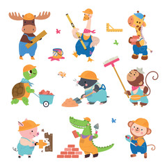 Animal builders. Funny animals repairing, constructing, building. Positive characters wear helmets and uniform, working with tools, nowaday vector set