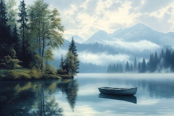 Fototapeta premium A serene lakeside landscape with a small boat gently floating on the calm water, surrounded by trees and misty mountains 