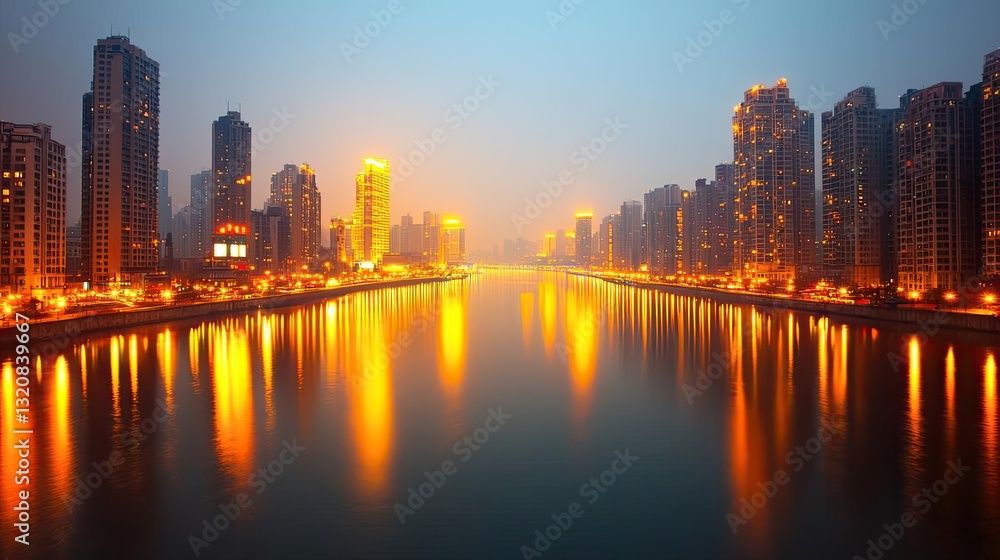 Poster dramatic nighttime abstract background concept. city skyline at dusk reflecting lights on a calm wat