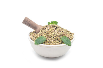 Close-up of Dry Organic Fennel Seeds (Foeniculum vulgare) Badi saunf, in white ceramic mortar and pestle, isolated on a white background.Fennel Powder - South Indian Cooking Ingredient | Masala 