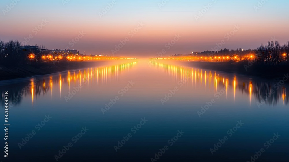 Poster dramatic nighttime abstract background concept. a serene twilight view of a river reflecting glowing