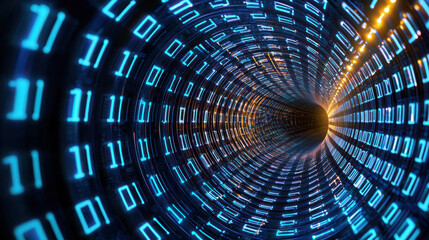 mesmerizing tunnel of glowing binary code, symbolizing data flow and technology. vibrant blue numbers create sense of depth and movement, evoking futuristic atmosphere