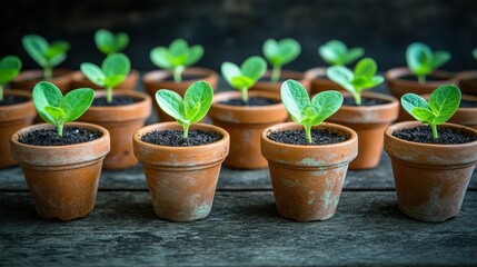 Rows of vibrant green sprouts growing in terracotta pots, new life, gardening, growth concept.