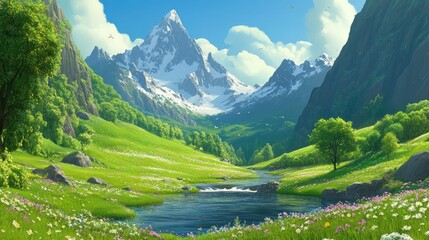 Sunny Alpine Valley with Snowy Peak