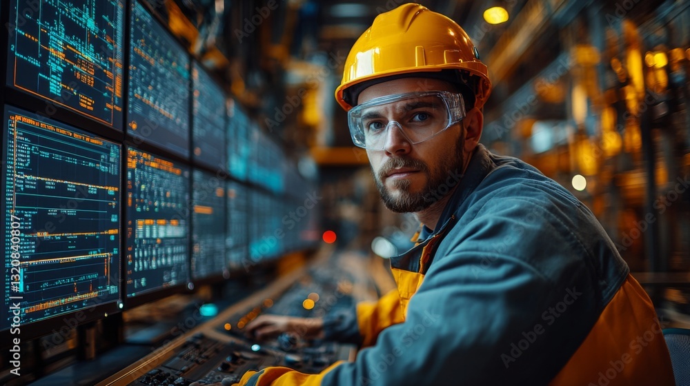 Aufkleber A skilled worker monitors complex control systems in a petrochemical refinery, managing automated processing and ensuring efficient operations.