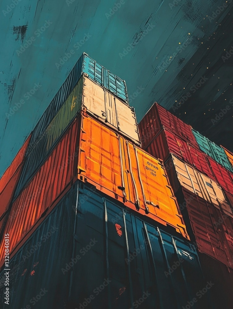 Poster stacked shipping containers in a warehouse or port setting