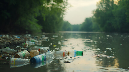 A river polluted with plastic waste showing the devastating impact of human activity on natural water resources and ecosystems.