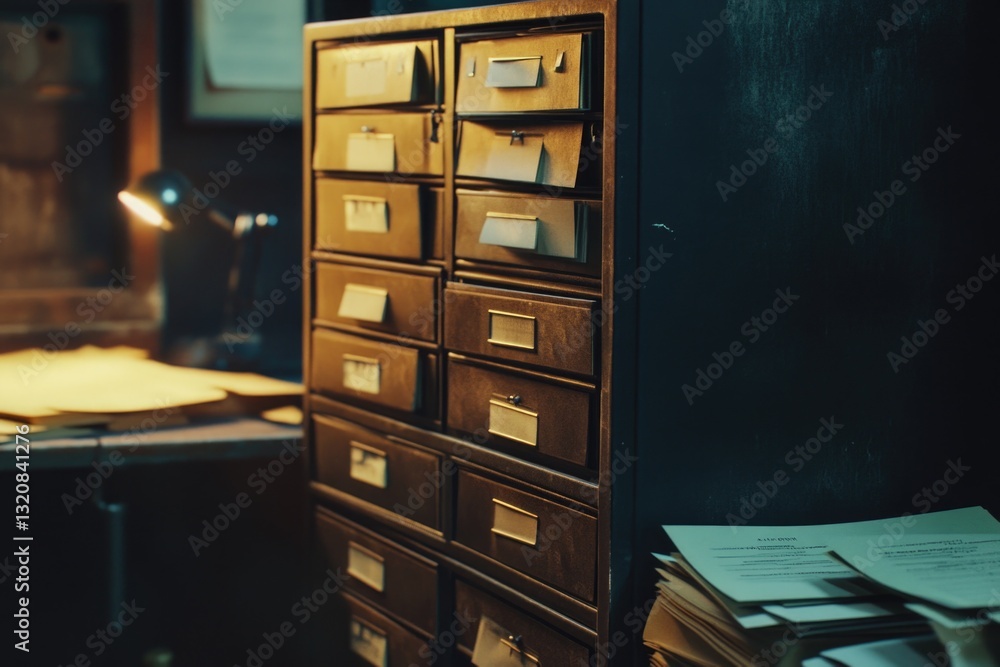 Poster a filing cabinet filled with stacks of papers and files