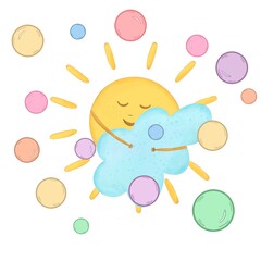 Whimsical illustration of a smiling sun hugging a fluffy blue cloud, surrounded by colorful bubbles. Cute, pastel-style artwork perfect for children's books, prints, wallpapers, and kids' decor.